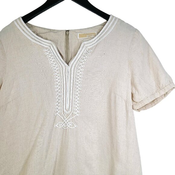 Michael Kors Tan Beige Embroidered 100% Linen V Neck Tunic Top - Picture 2 of 11